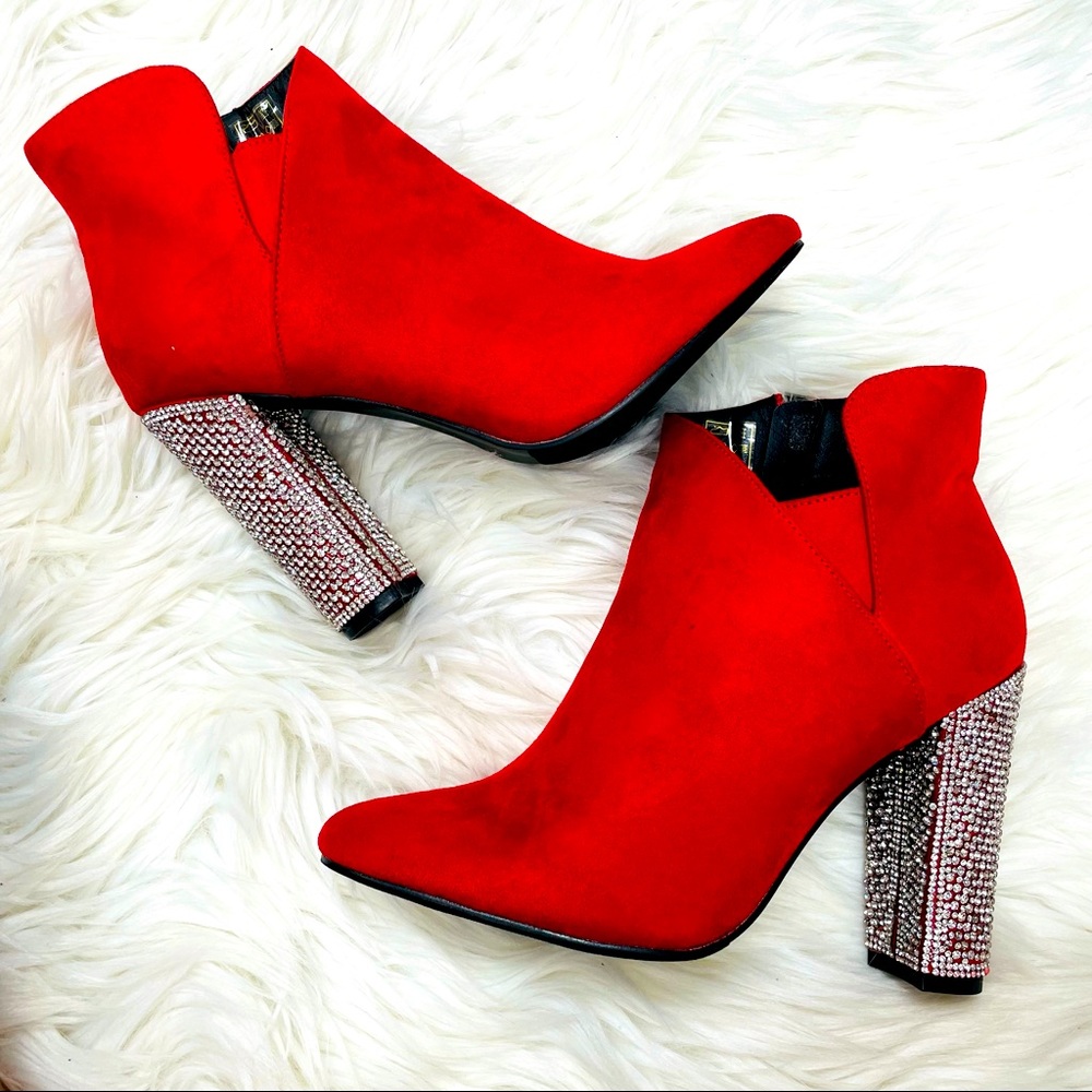 Red suede rhinestoned boot